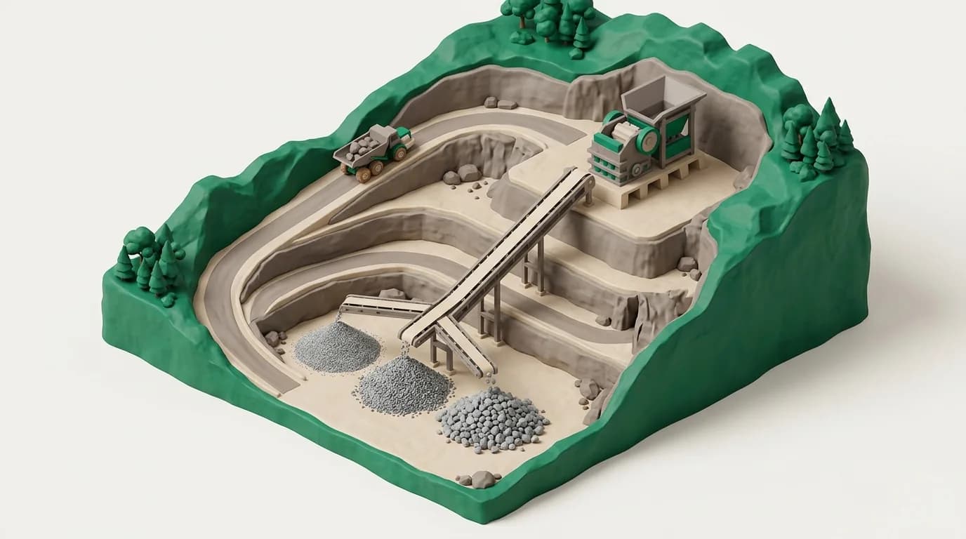 Isometric view of a terraced quarry with a crusher, conveyor belts and three graded crushed-stone stockpiles