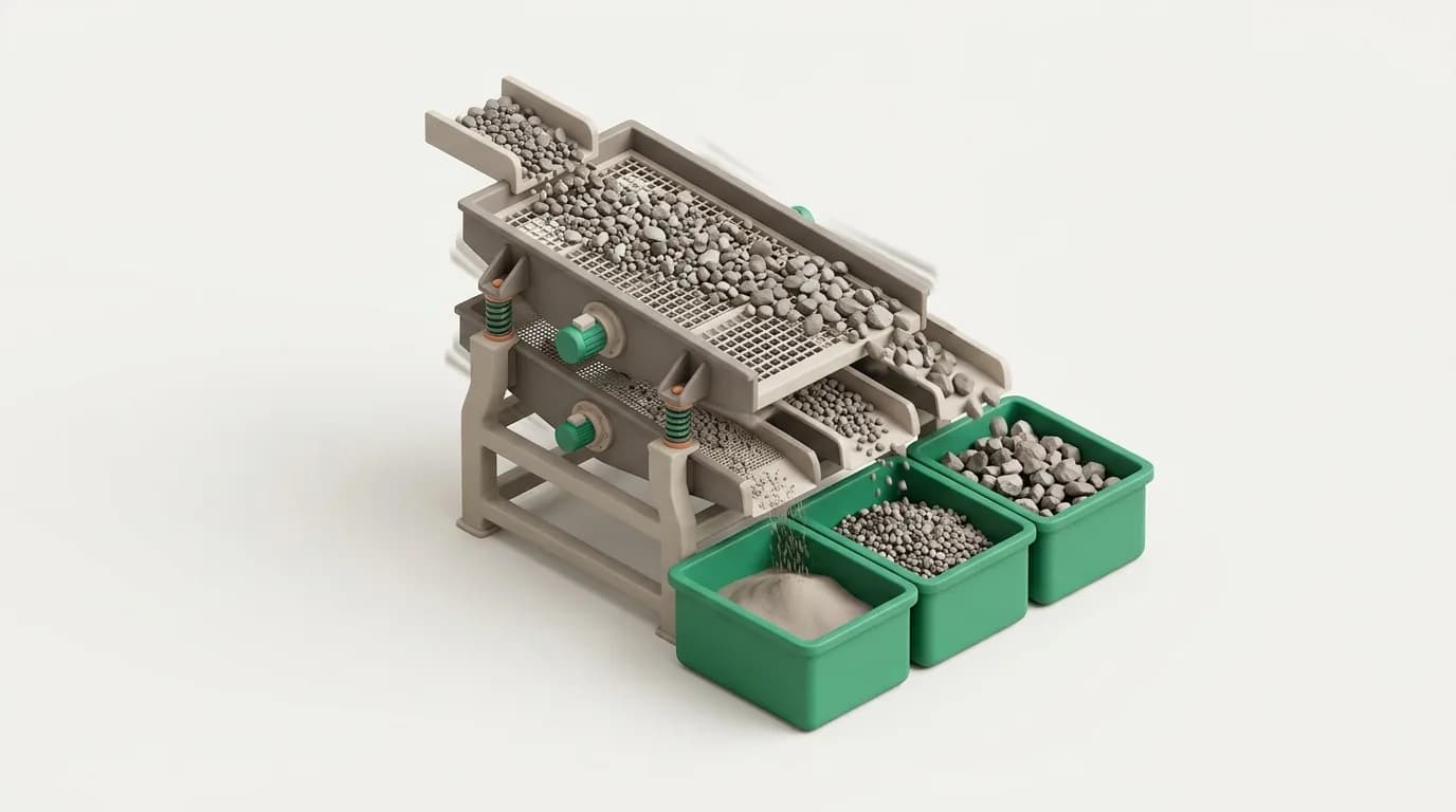 A vibrating screen separating crushed stone into coarse, medium and fine bins