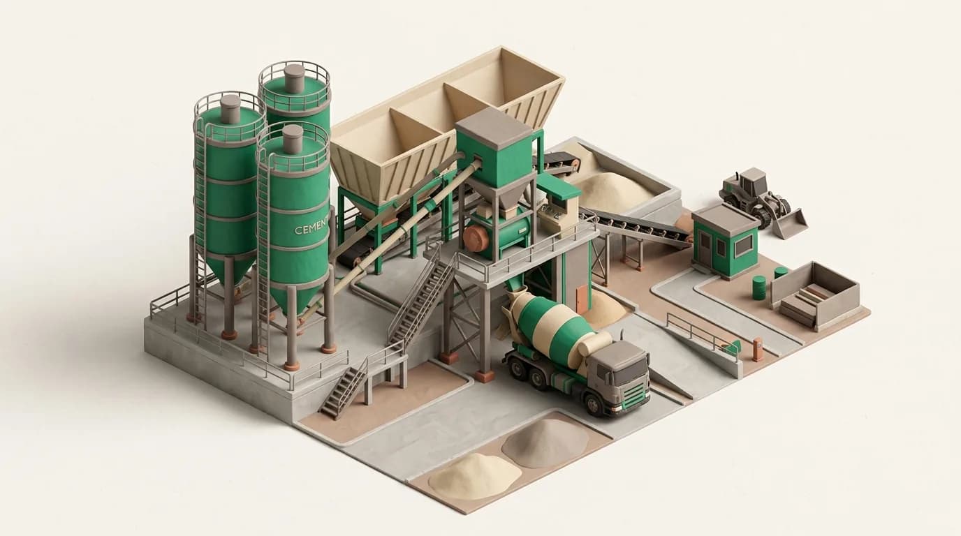A ready-mix batching plant with two cement silos, an aggregate hopper and a truck mixer at the loading point