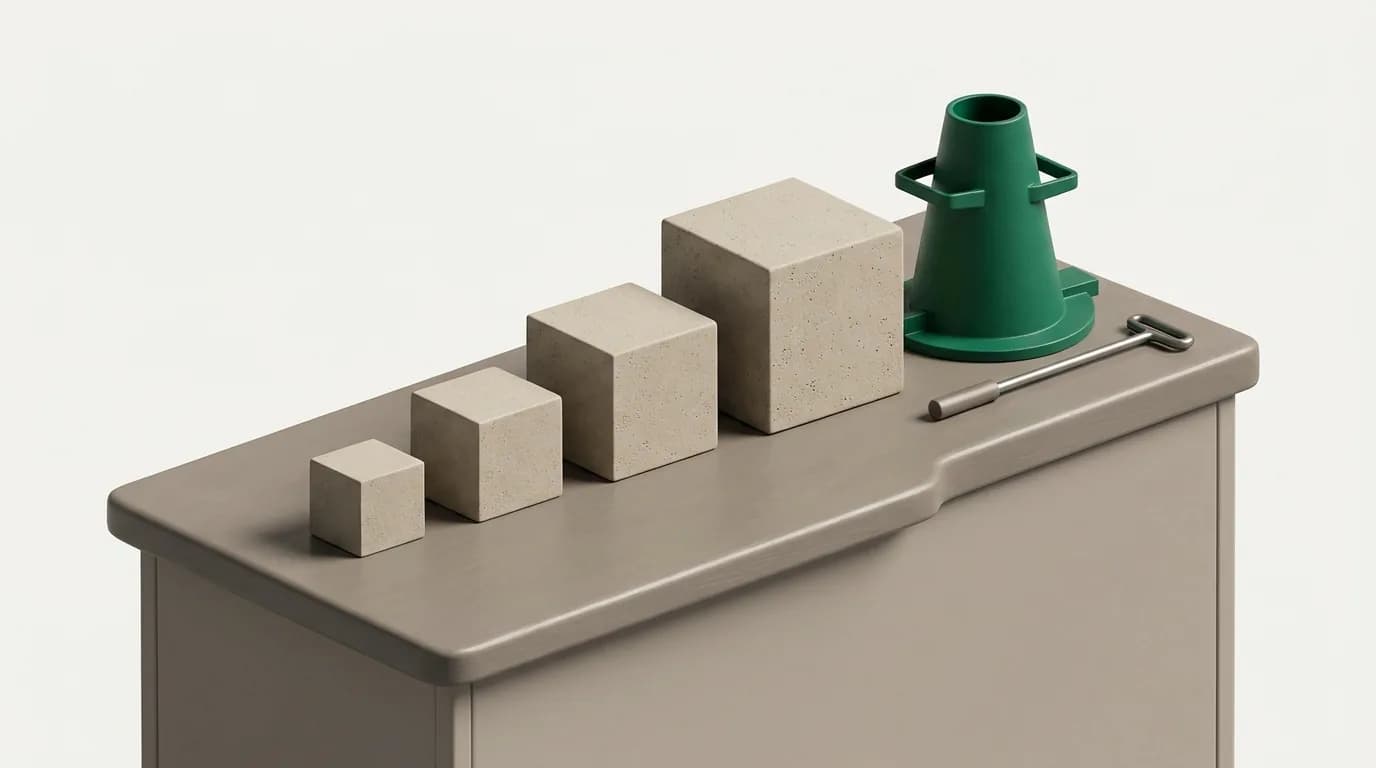 Concrete test cubes lined up beside a slump cone on a laboratory bench
