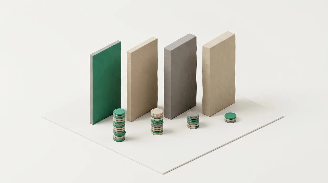 Four insulation boards of increasing thickness with progressively smaller coin stacks in front of them