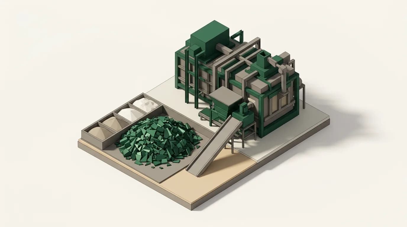 A glass furnace charging area with sorted cullet heaped beside raw batch materials