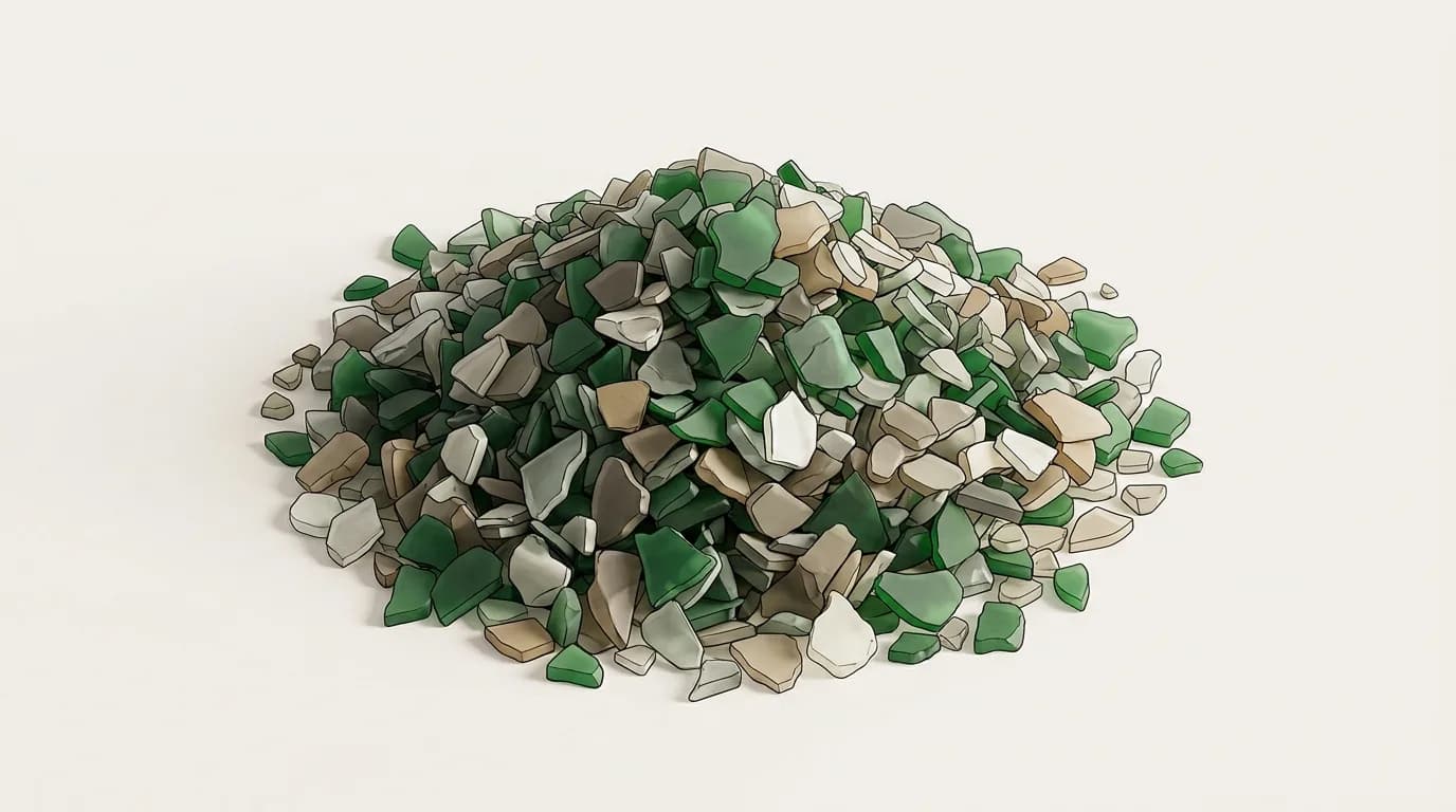 Crushed green and clear cullet heaped together, catching light