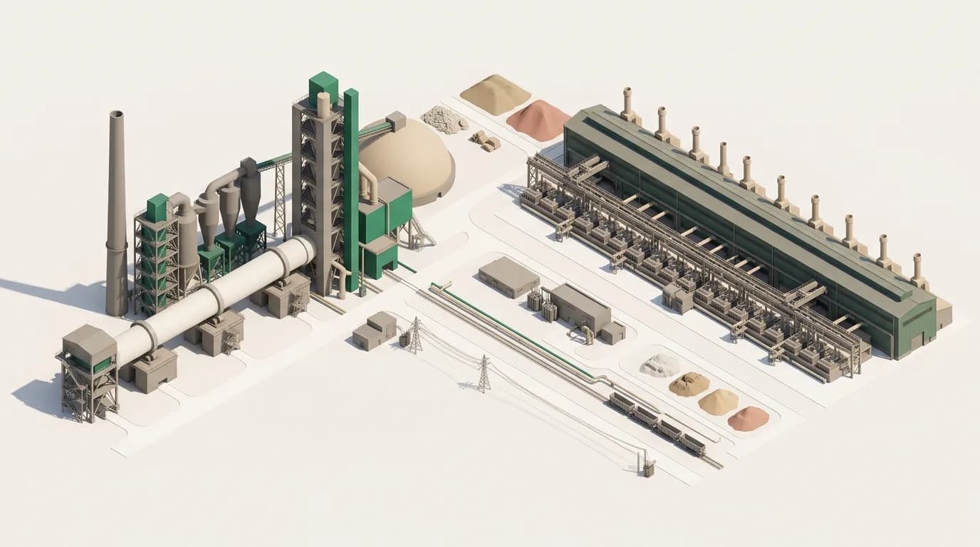 A rotary cement kiln and an aluminium smelter potline across one industrial yard