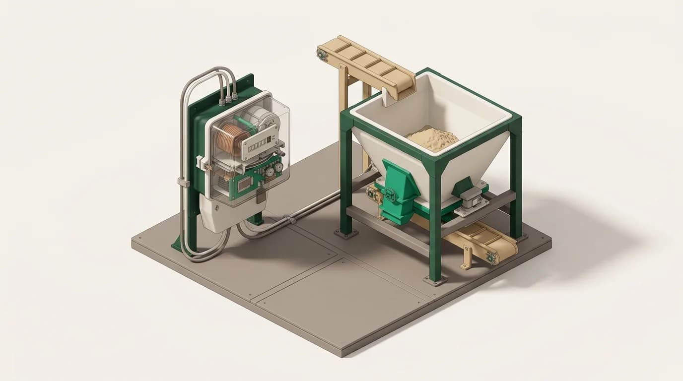 An energy submeter beside a materials weigh hopper on a plant floor