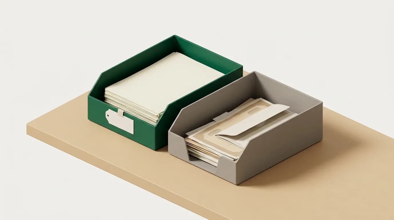 Two filing trays, one for reports and one holding financial certificates
