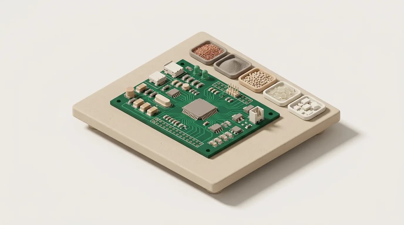 A populated circuit board beside trays of critical raw material samples