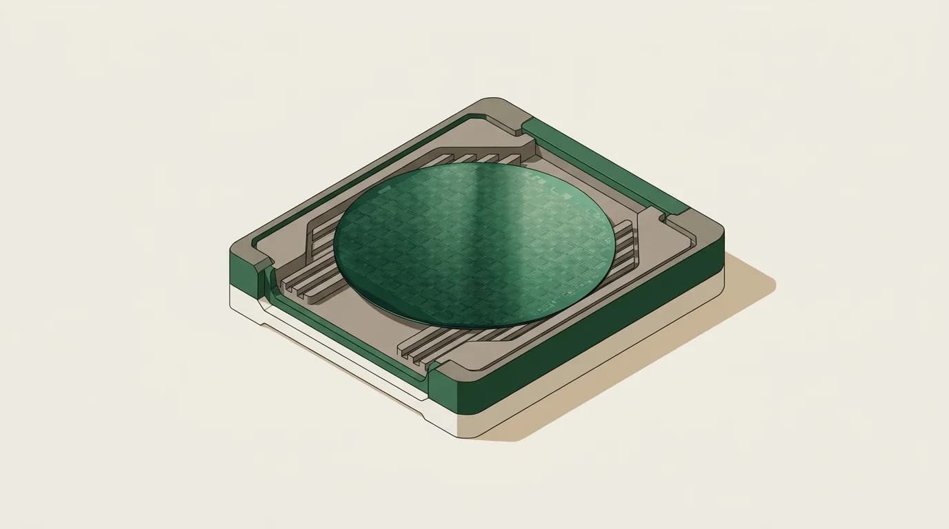 A silicon wafer in a clean-room carrier catching the light
