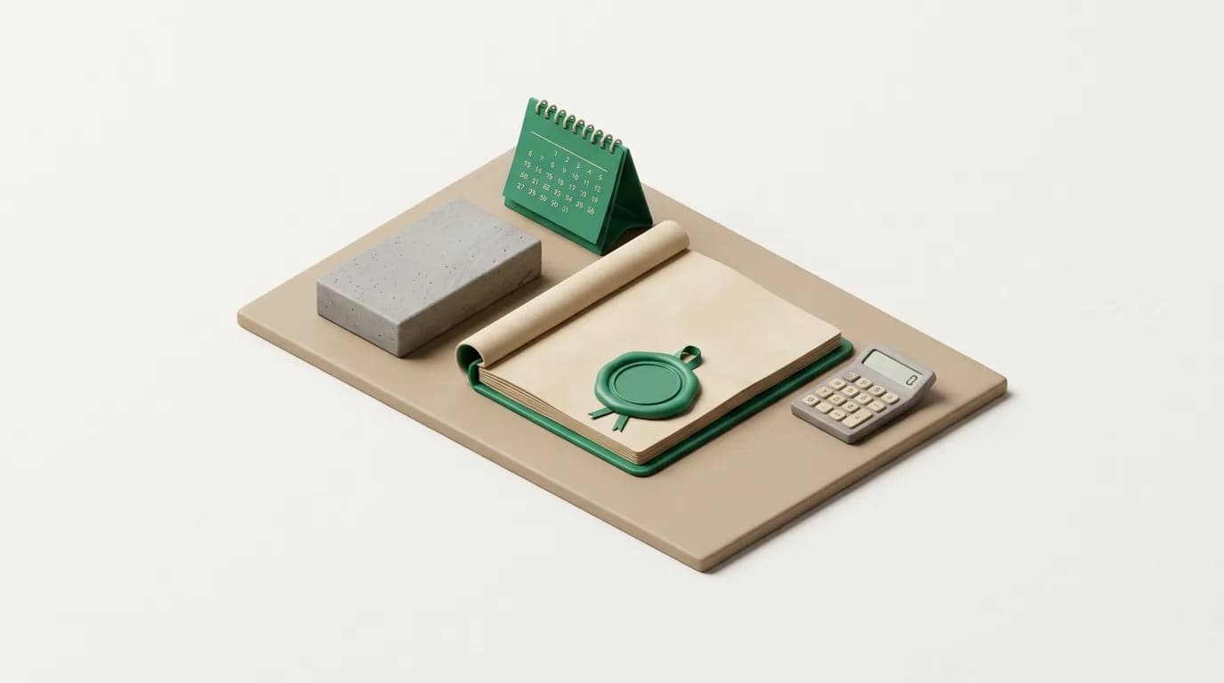 A desk with a sealed declaration document, a grey building-material sample, a desk calendar and a calculator