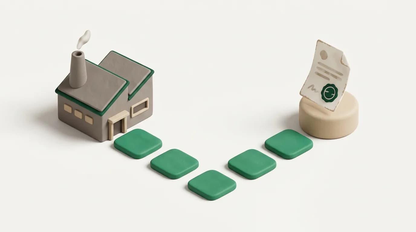 A six-step path of tiles leading from a factory to a stamped document on a pedestal
