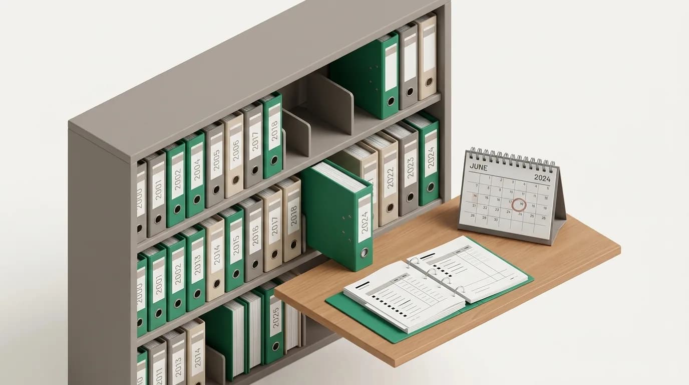 Archive binders arranged by year, one open on a desk beside a calendar with a circled date