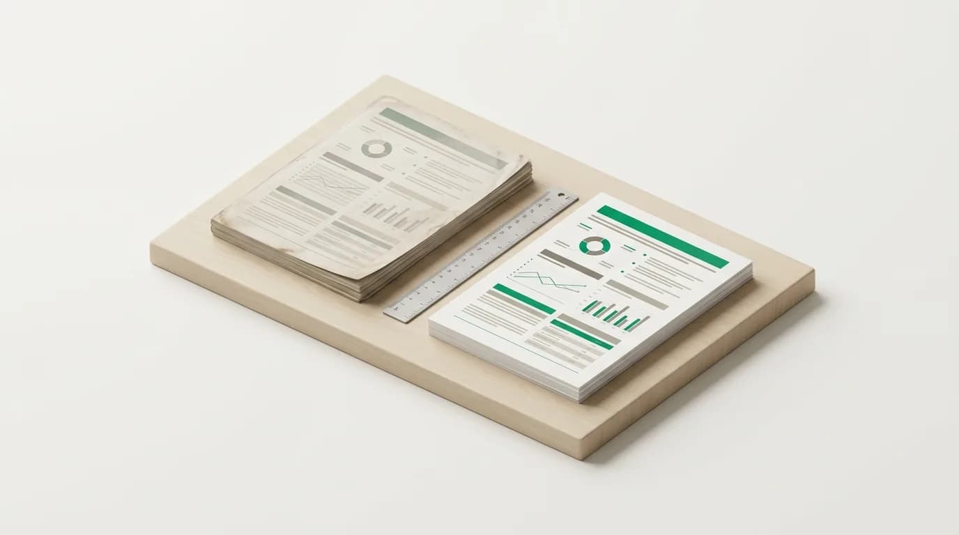 An older and a newer report version side by side on a light table with a ruler between them