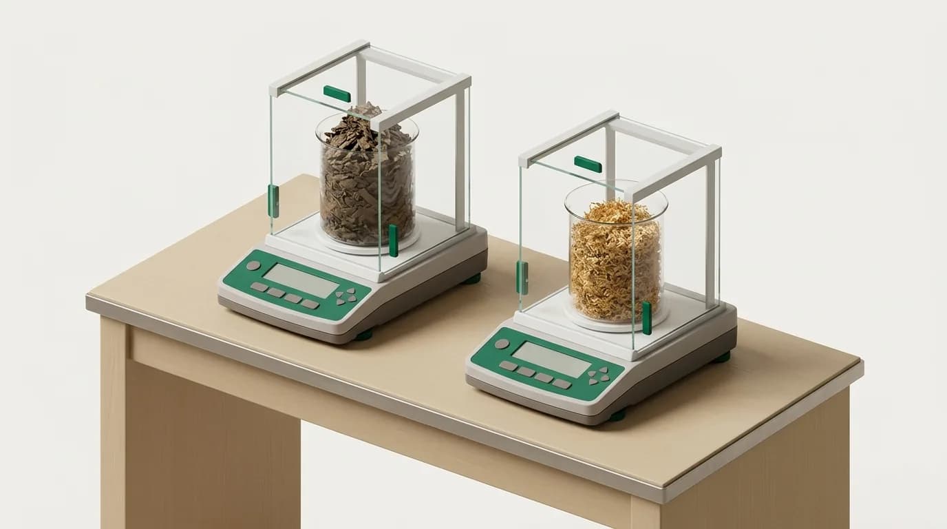 Two laboratory balances, one with damp shredded cardboard and one with the same cardboard dried and lighter