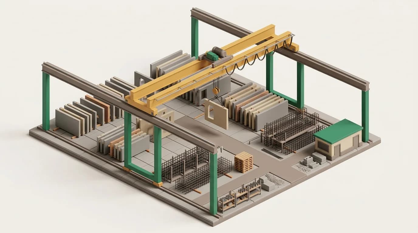 A precast plant yard with stacked wall panels and rebar cages under a gantry crane