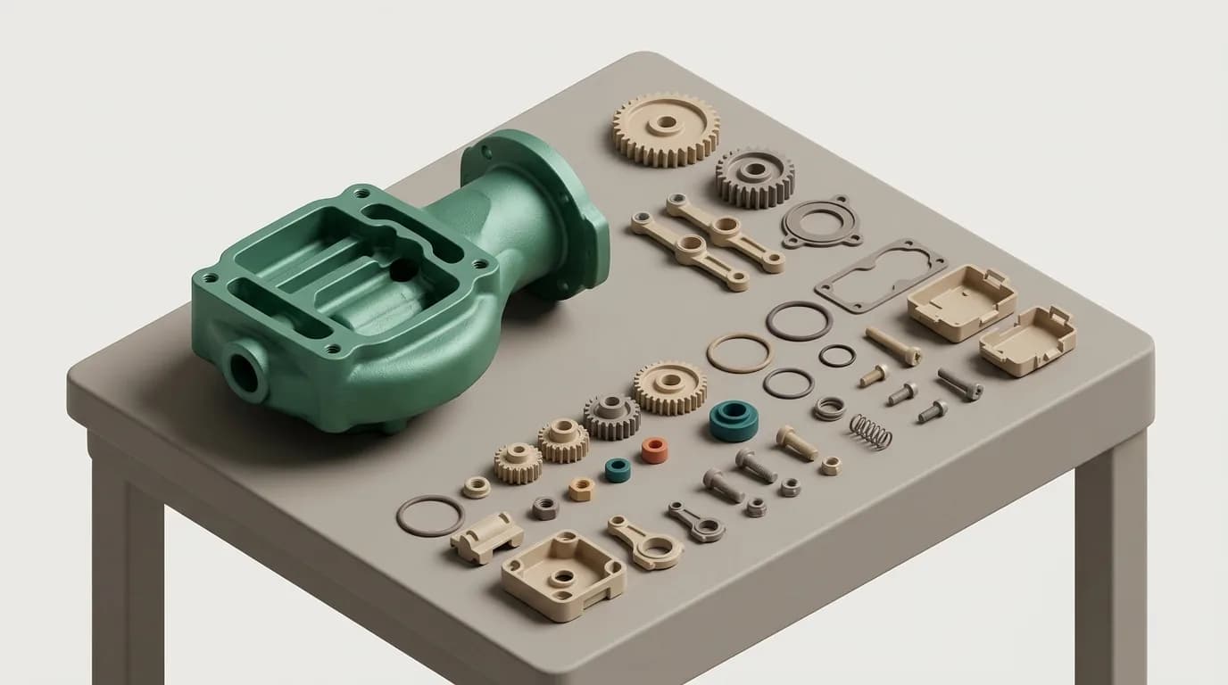 A disassembled product on a workbench with one large steel part set apart from many small plastic and rubber parts