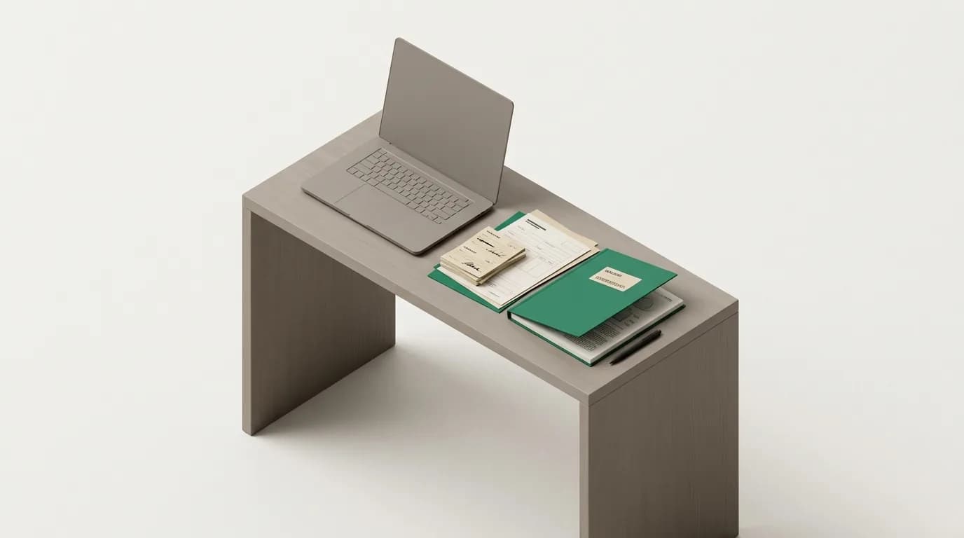 A desk with weighbridge tickets, transfer forms and a bound report beside a laptop