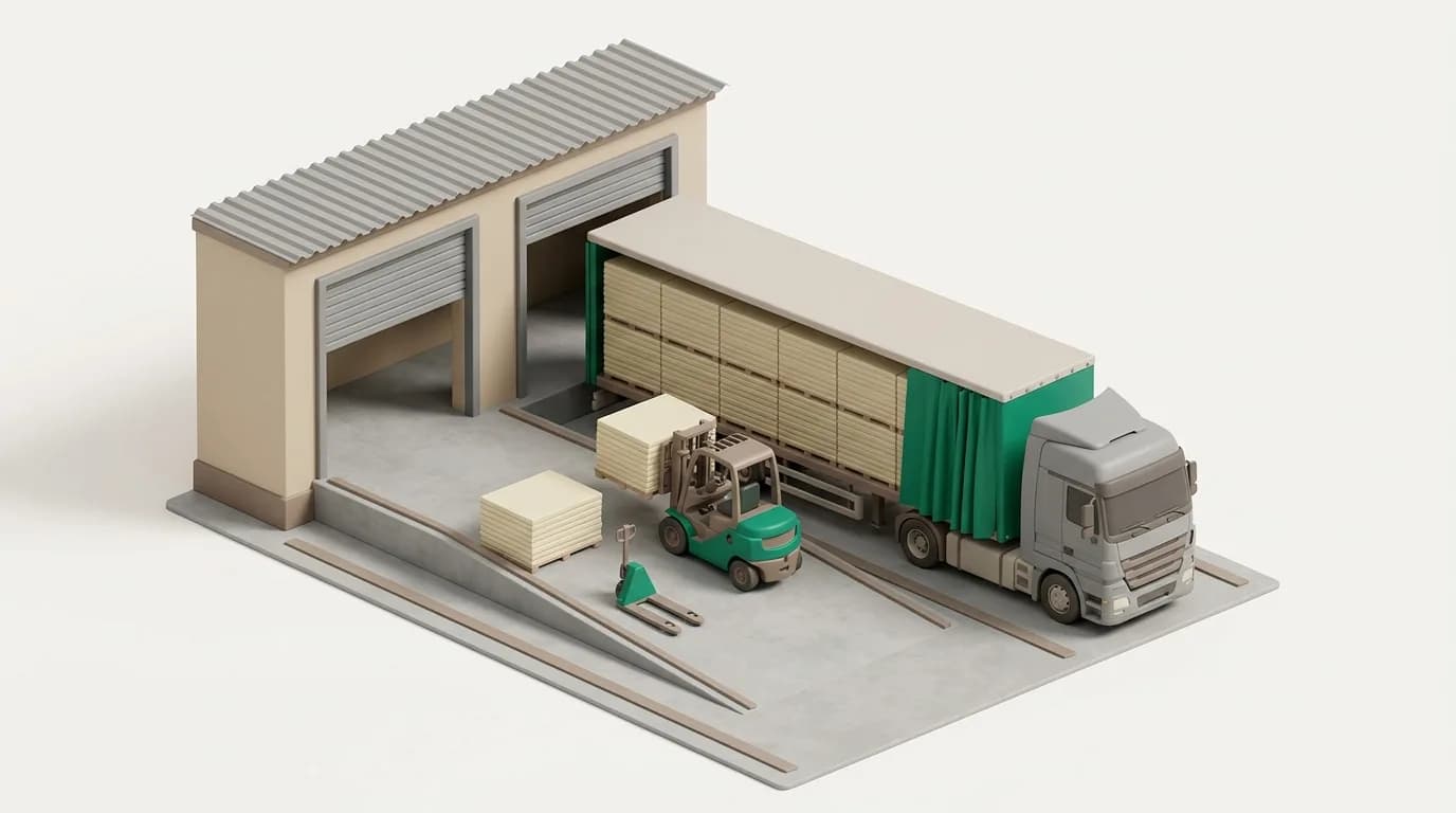 A curtain-side trailer at a loading bay filled by volume with light insulation boards from a forklift
