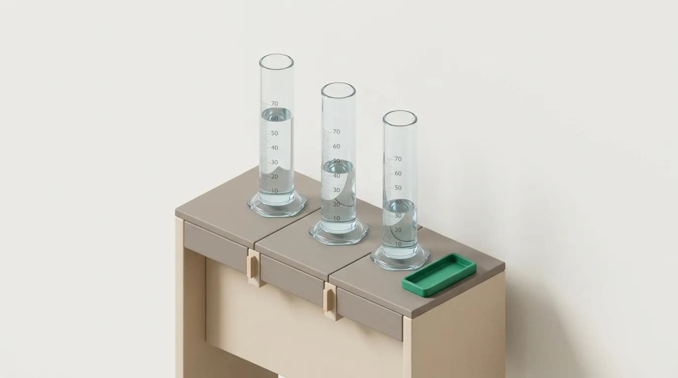 Three transparent measuring cylinders on a bench filled to slightly different levels