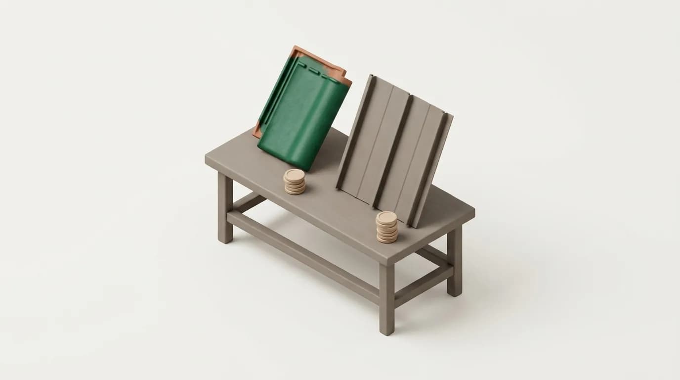 A clay roof tile and a metal roof panel side by side on a workbench, each with a small coin stack in front