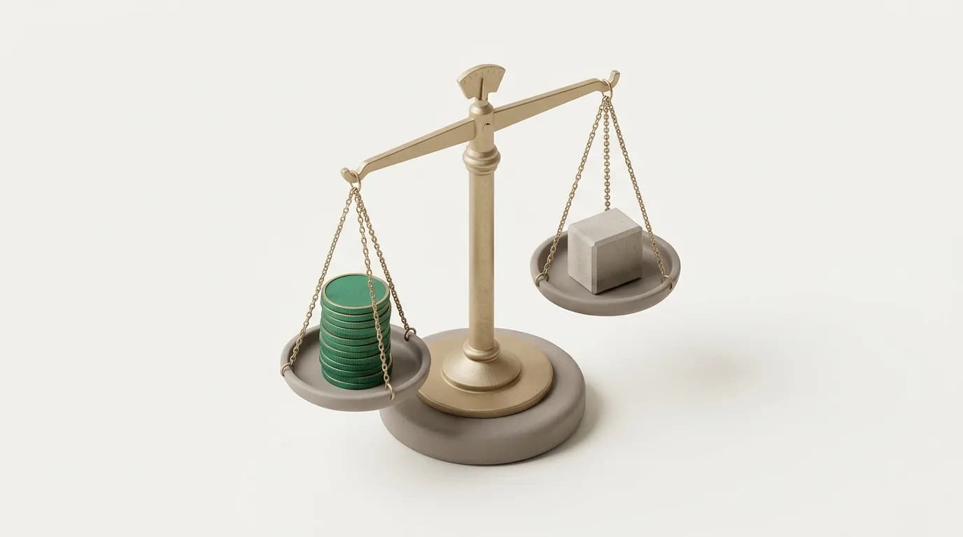 A brass balance scale with a stack of coins on one pan and a small concrete block on the other