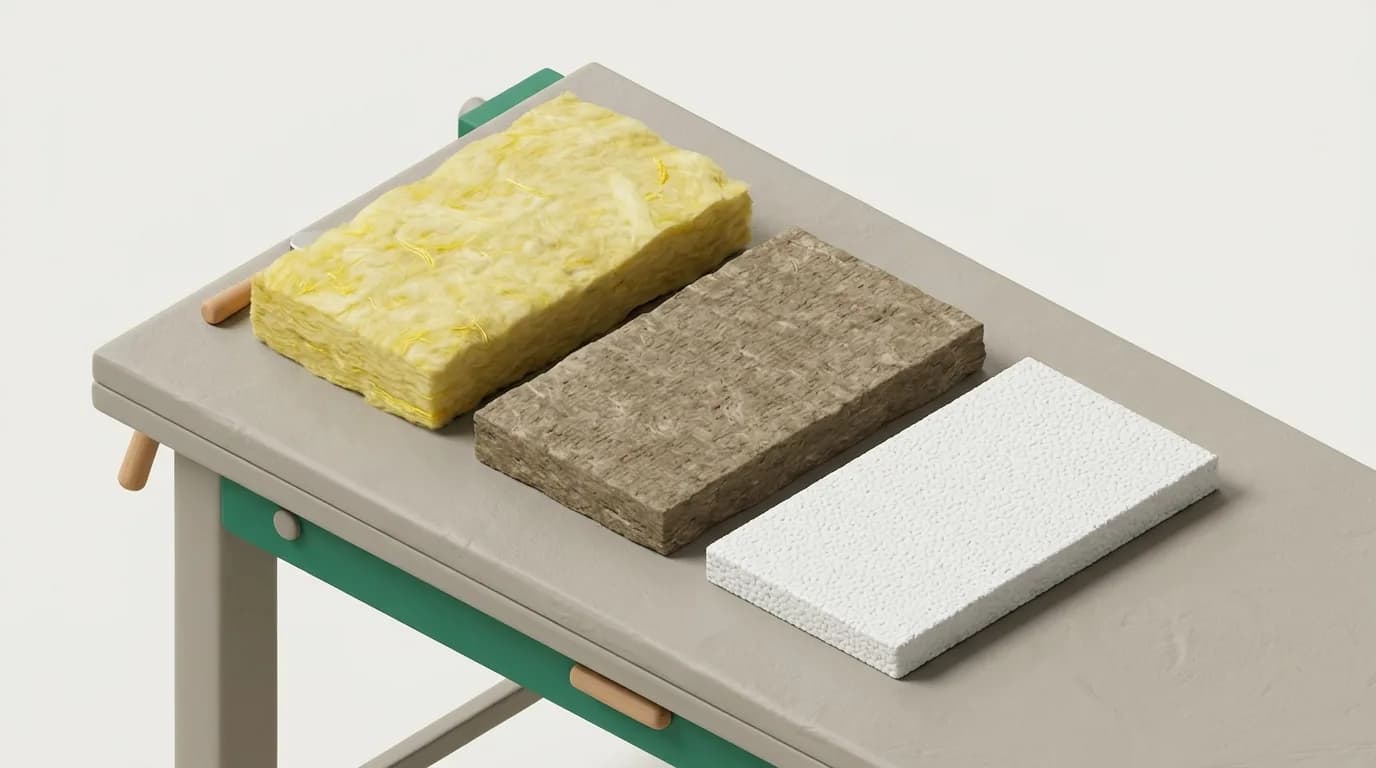 Yellow glass wool, brown stone wool and white EPS samples of different thicknesses side by side on a workshop table