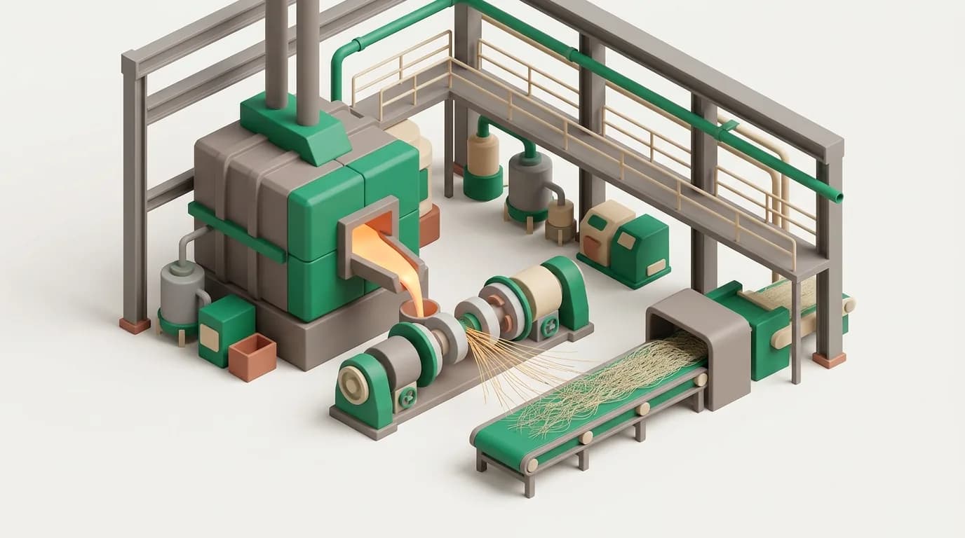 A mineral wool line where a glowing melt stream from the furnace is spun into fibres