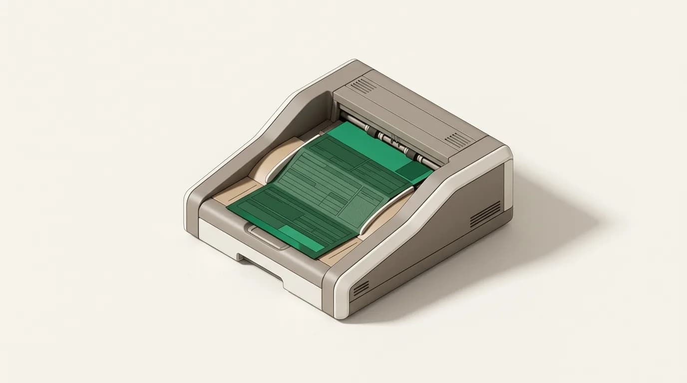 A finished declaration emerging from a clean automated output tray