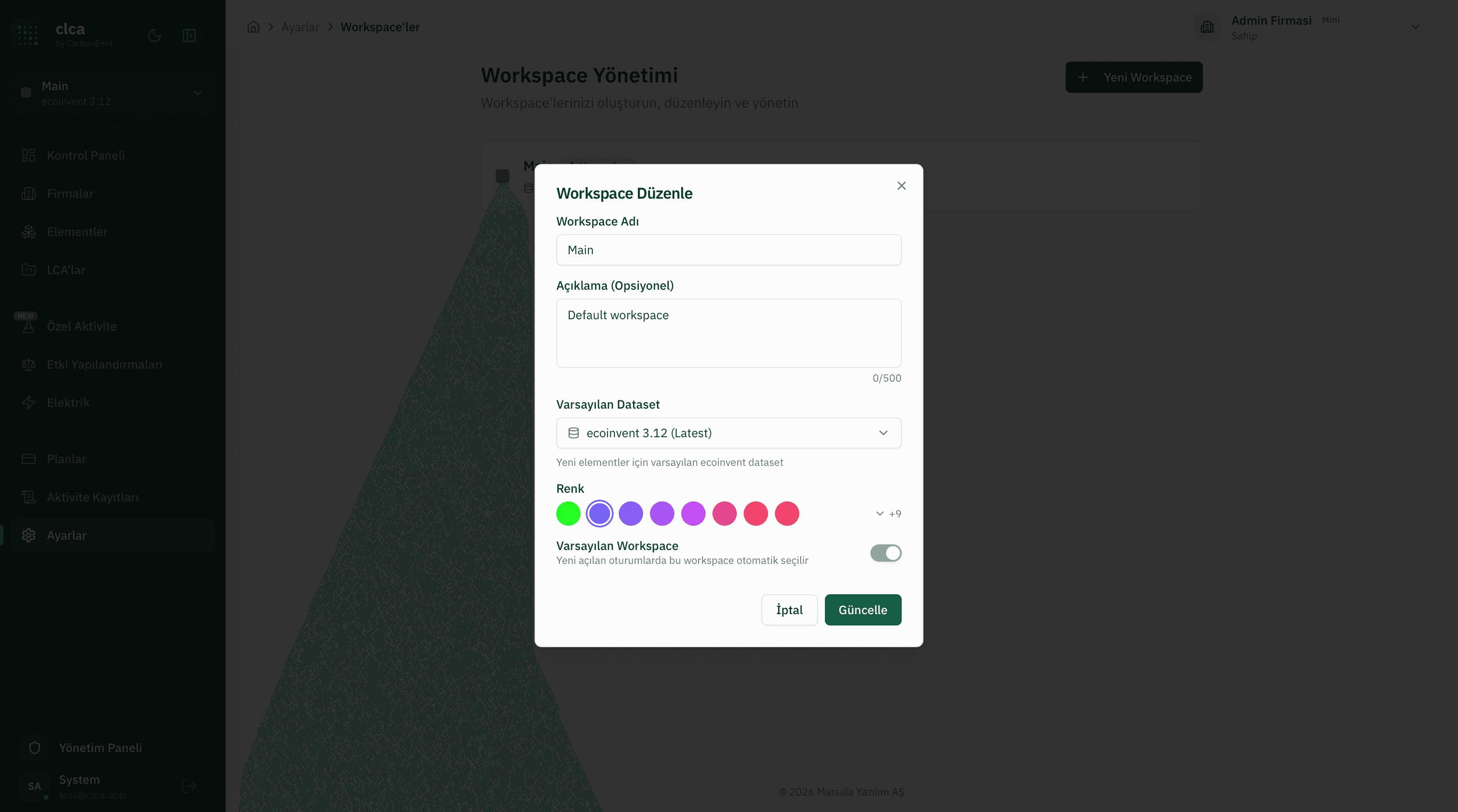 Workspace Düzenle modal penceresi; workspace adı Main, açıklama, varsayılan dataset ecoinvent 3.12 (Latest) seçimi, renk seçici ve varsayılan workspace anahtarı