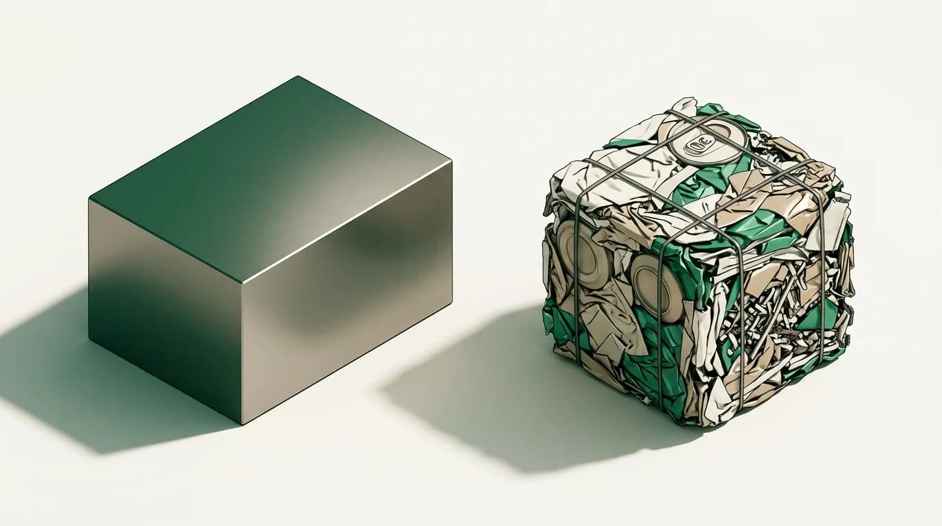 A bright new aluminium billet beside a bale of crushed aluminium scrap