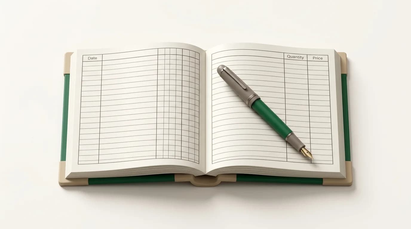 A certificate purchase ledger of quantities and prices with a fountain pen